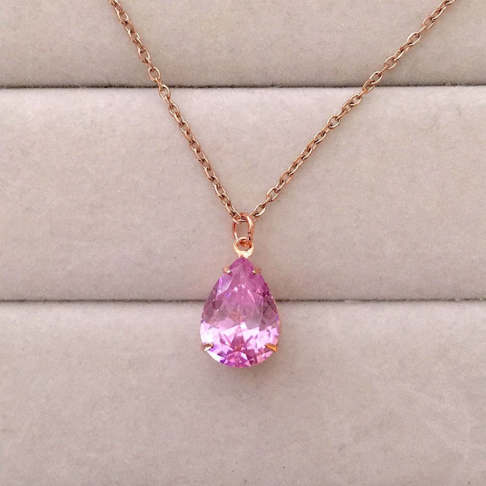Rose Pink + Rose Gold Cubic Zirconia Pear Crystal Drop Pendant Necklace - Picture 9 of 10